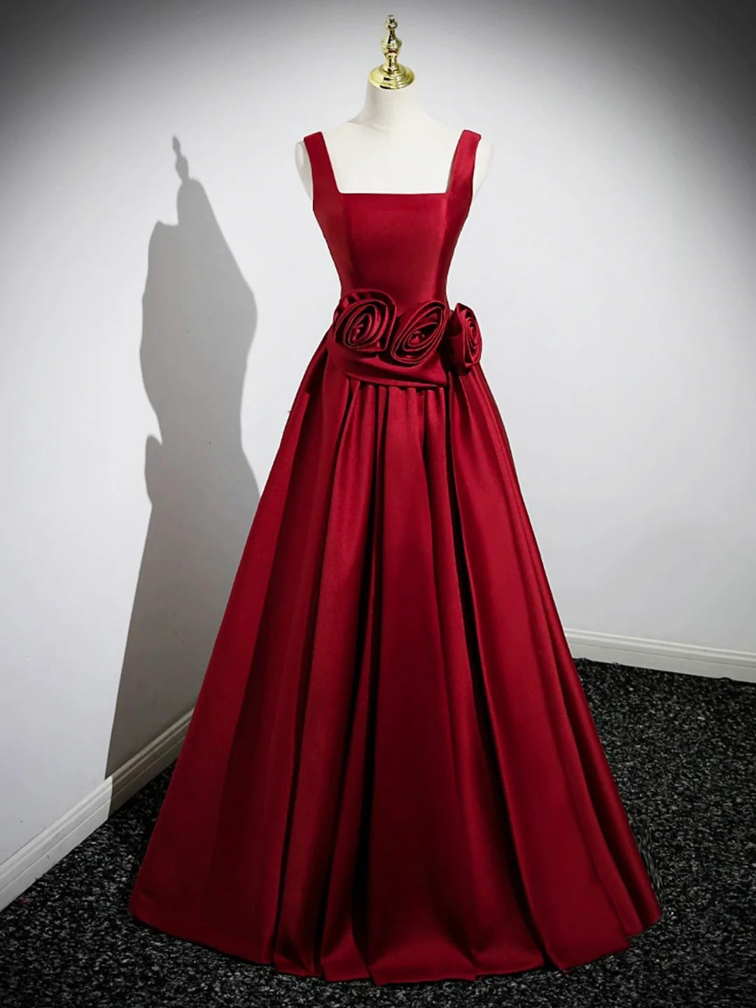 Burgundy Square Neck 3D Rose Appliqué Satin A-Line Ball Gown with Lace-Up Back