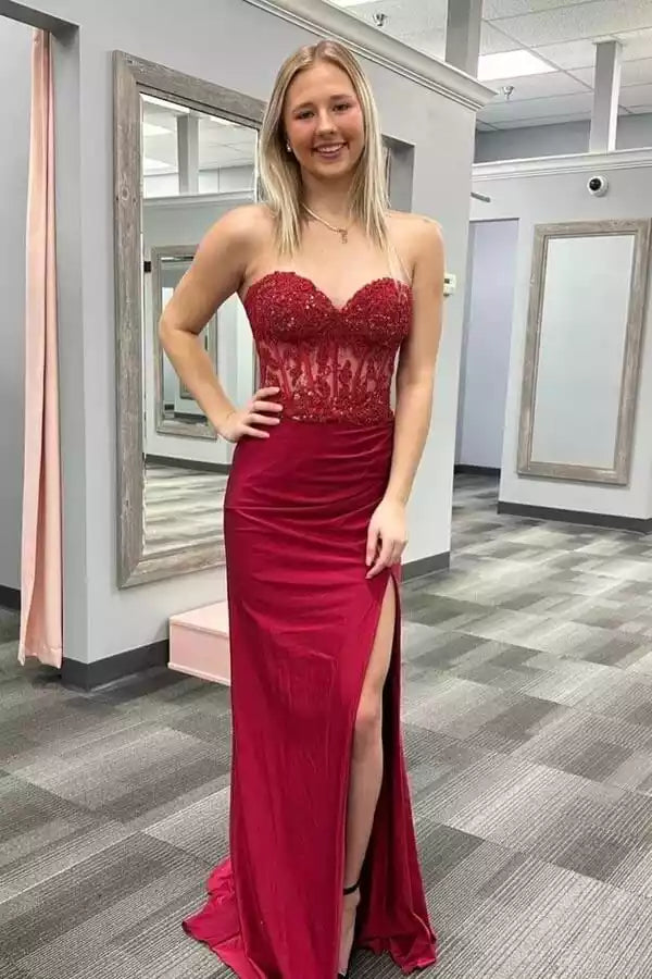 Burgundy Strapless Beaded Lace Sheer-Bodice Slit Gown – Luxe & Alluring Evening Party Dress