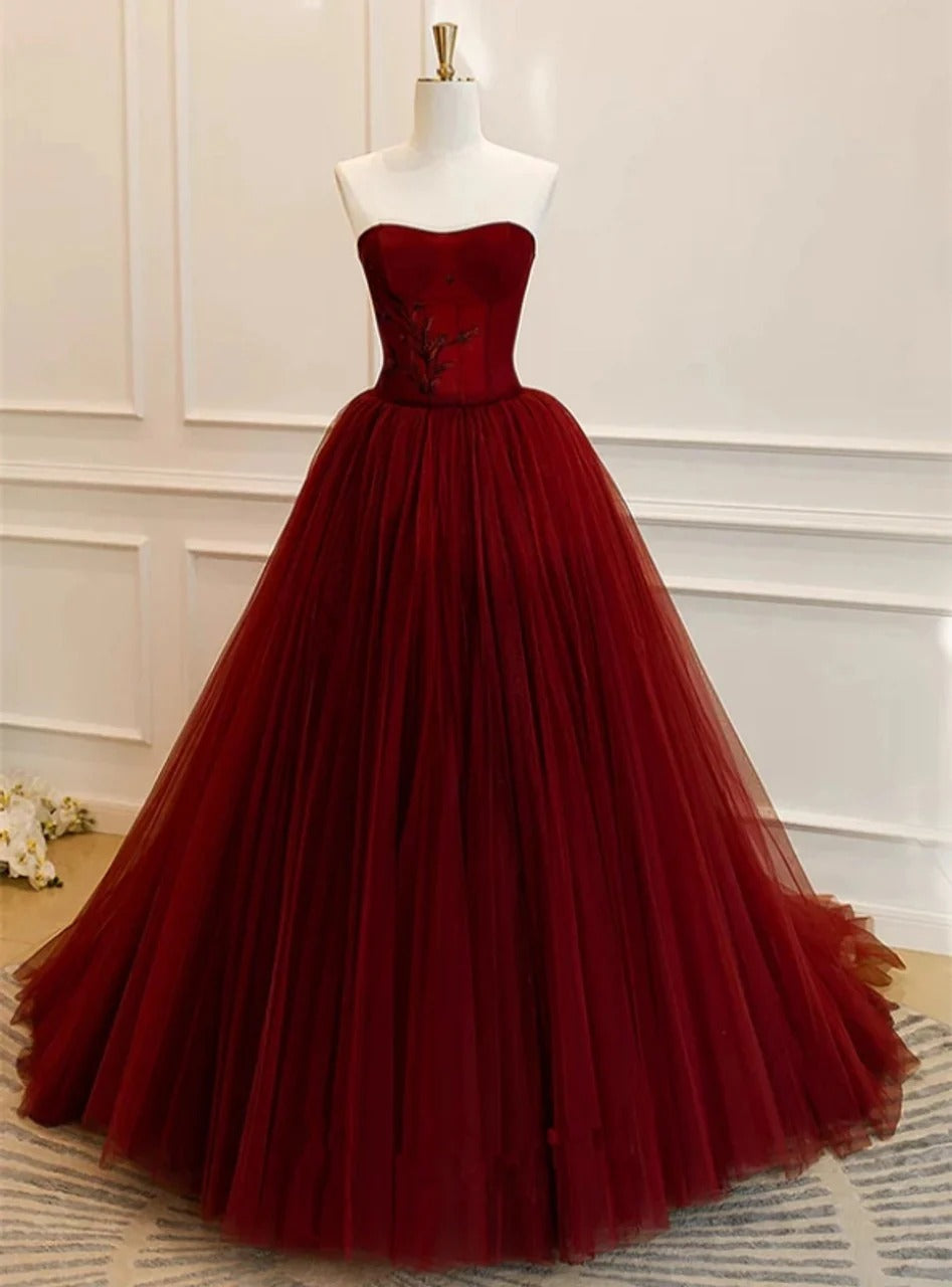Burgundy Strapless Corset Tulle Ball Gown with Lace-Up Back