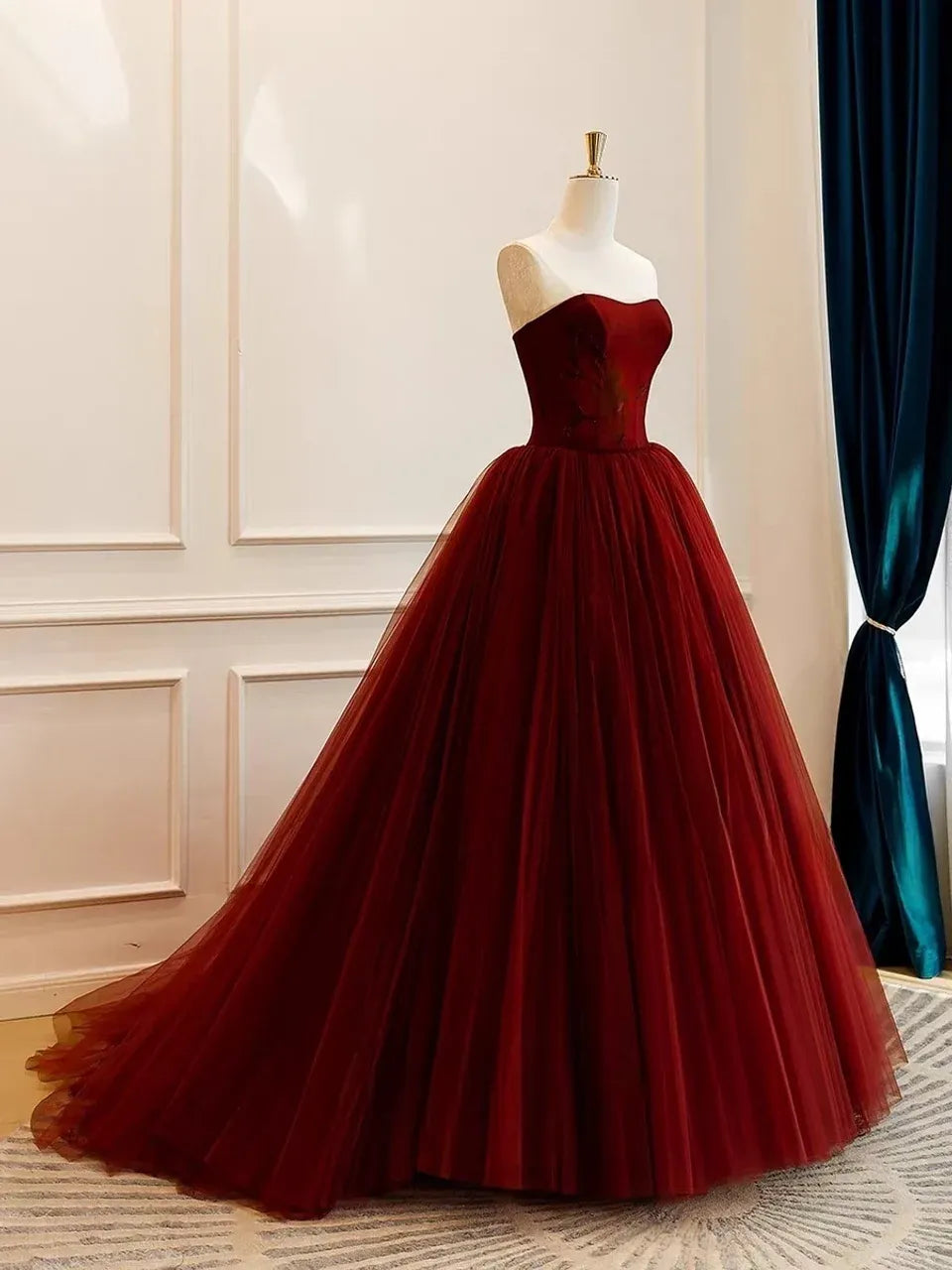 Burgundy Strapless Corset Tulle Ball Gown with Lace-Up Back