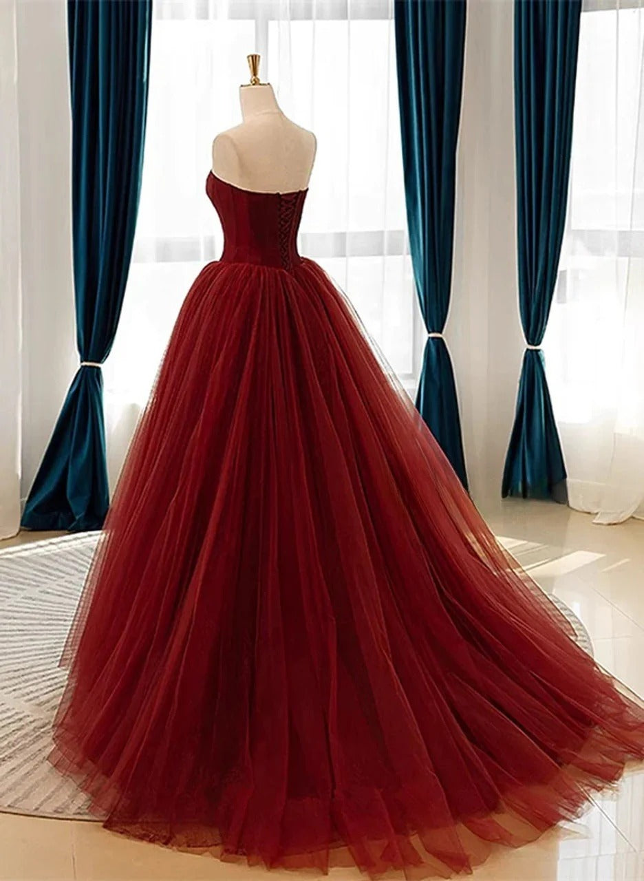 Burgundy Strapless Corset Tulle Ball Gown with Lace-Up Back