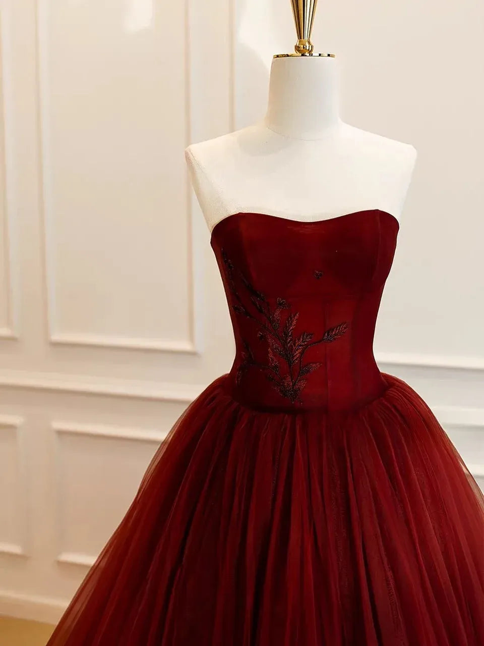 Burgundy Strapless Corset Tulle Ball Gown with Lace-Up Back
