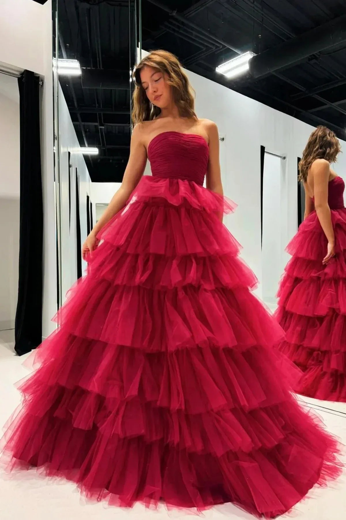 Burgundy Strapless Ruched Tiered Tulle A-Line Ball Gown with Open Back