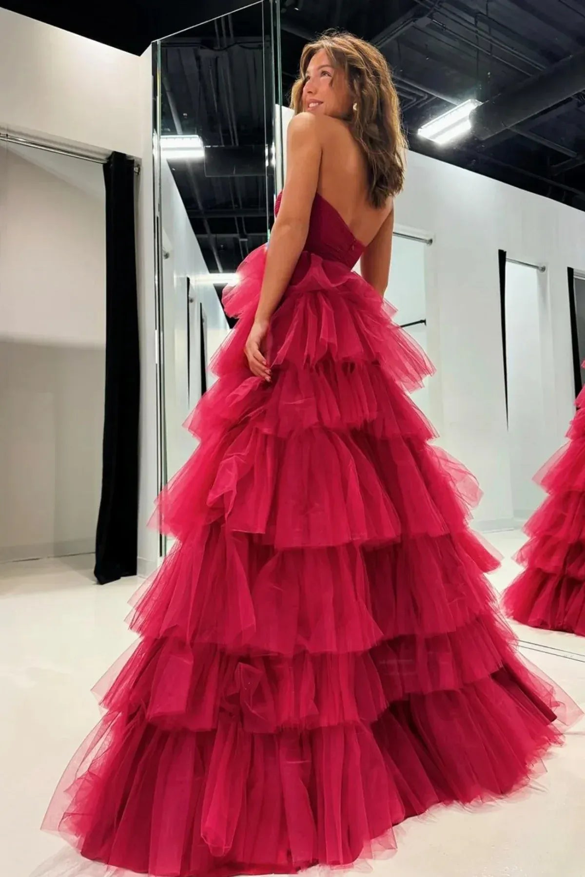 Burgundy Strapless Ruched Tiered Tulle A-Line Ball Gown with Open Back
