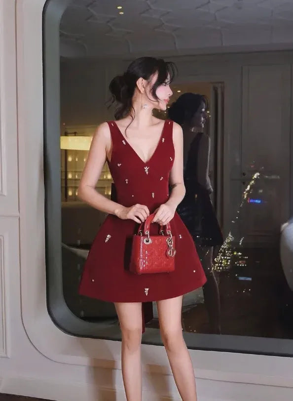 Burgundy V-Neck Beaded Backless Fit-and-Flare Mini Dress with Bow