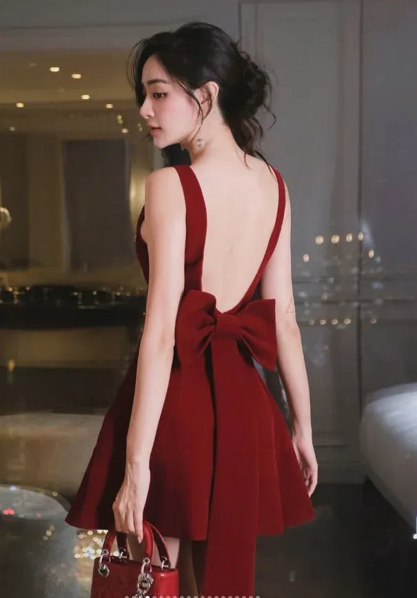 Burgundy V-Neck Beaded Backless Fit-and-Flare Mini Dress with Bow
