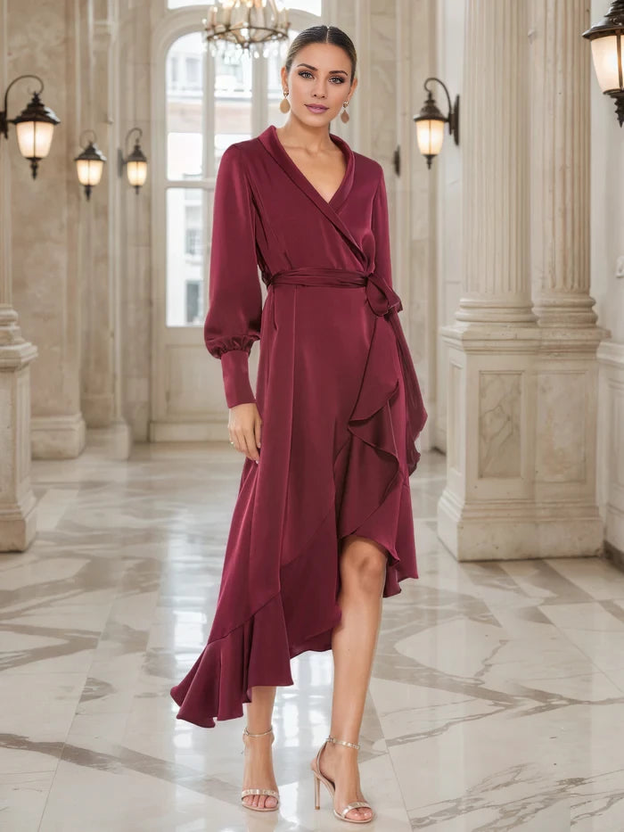 Burgundy V-Neck Long Sleeves Tie Waist Ruffle Asymmetrical Midi Mother of the Bride Dresses