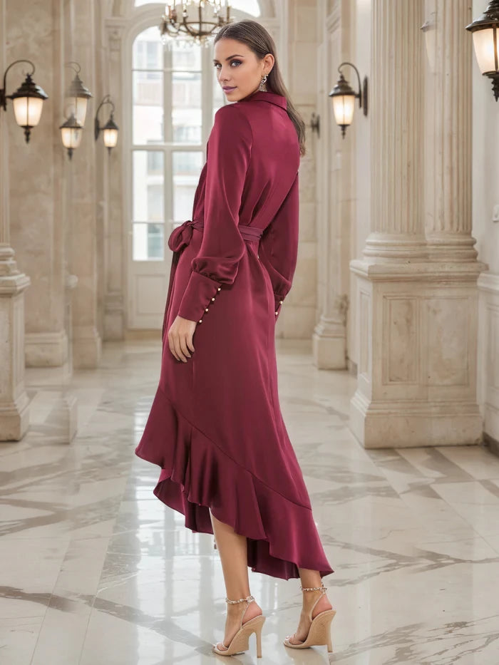 Burgundy V-Neck Long Sleeves Tie Waist Ruffle Asymmetrical Midi Mother of the Bride Dresses