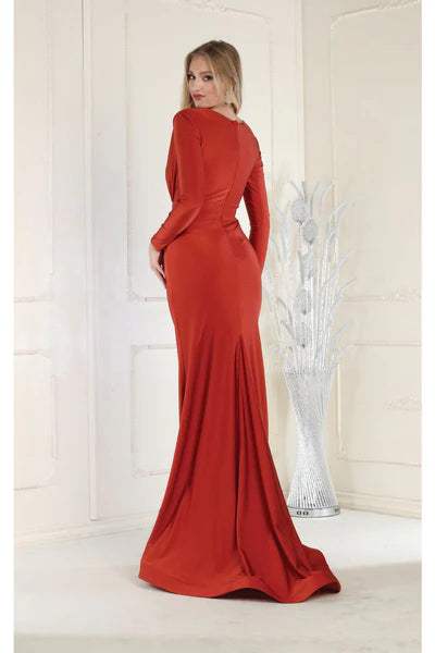 Burgundy V Neck Mermaid Classy Long Sleeve Evening Gown Mother of the Bride Dresses