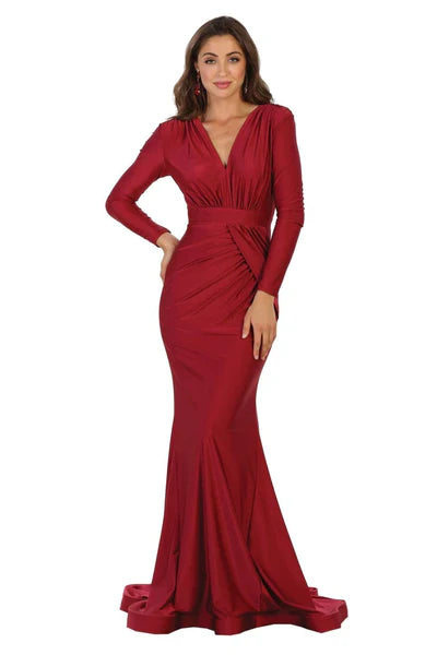 Burgundy V Neck Mermaid Classy Long Sleeve Evening Gown Mother of the Bride Dresses