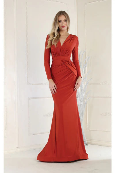 Burgundy V Neck Mermaid Classy Long Sleeve Evening Gown Mother of the Bride Dresses