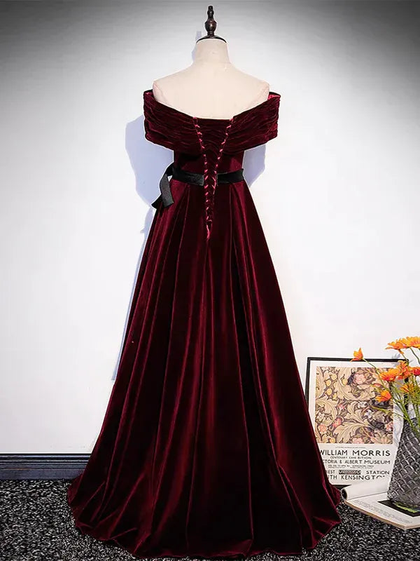 Burgundy Velvet Off-the-Shoulder Gown with Satin Belt and Lace-Up Back