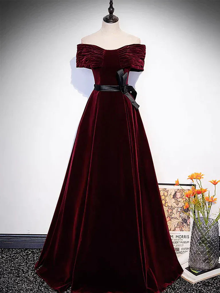Burgundy Velvet Off-the-Shoulder Gown with Satin Belt and Lace-Up Back