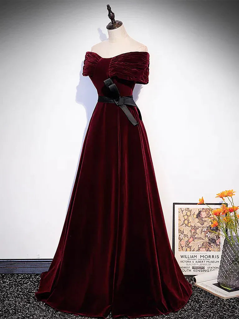 Burgundy Velvet Off-the-Shoulder Gown with Satin Belt and Lace-Up Back