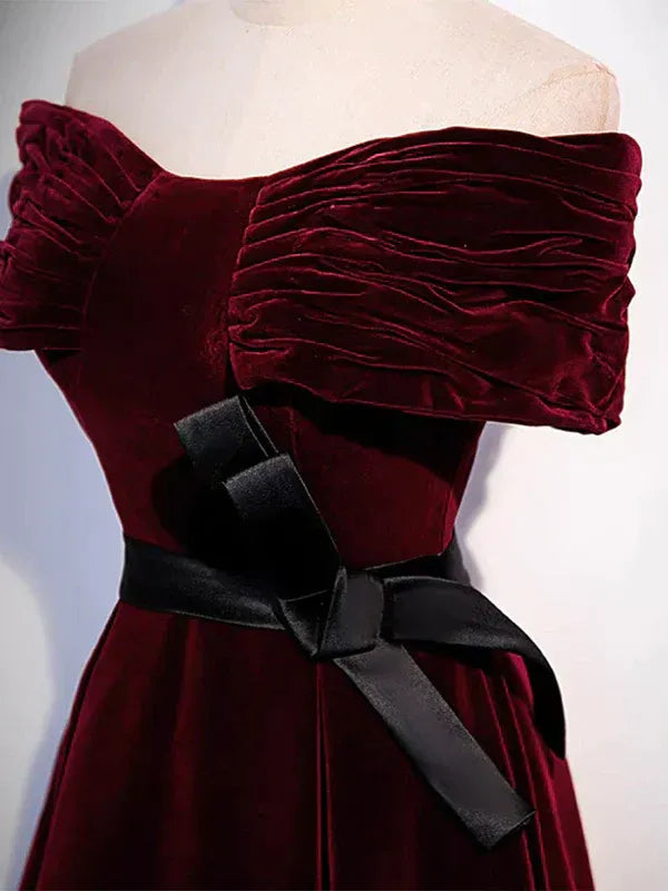 Burgundy Velvet Off-the-Shoulder Gown with Satin Belt and Lace-Up Back