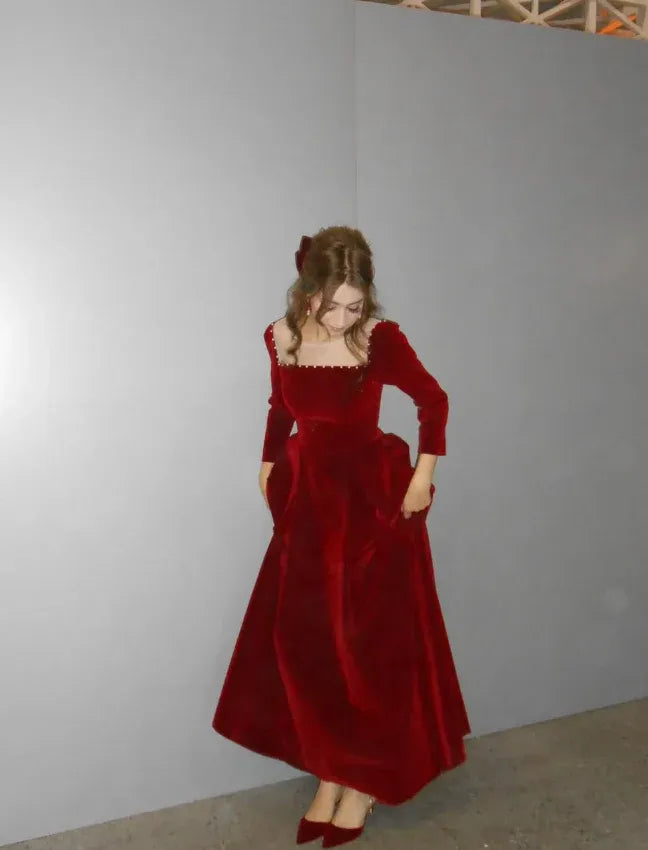 Burgundy Velvet Square Neck Beaded Long Sleeve Maxi Dress – Prom Evening Gown