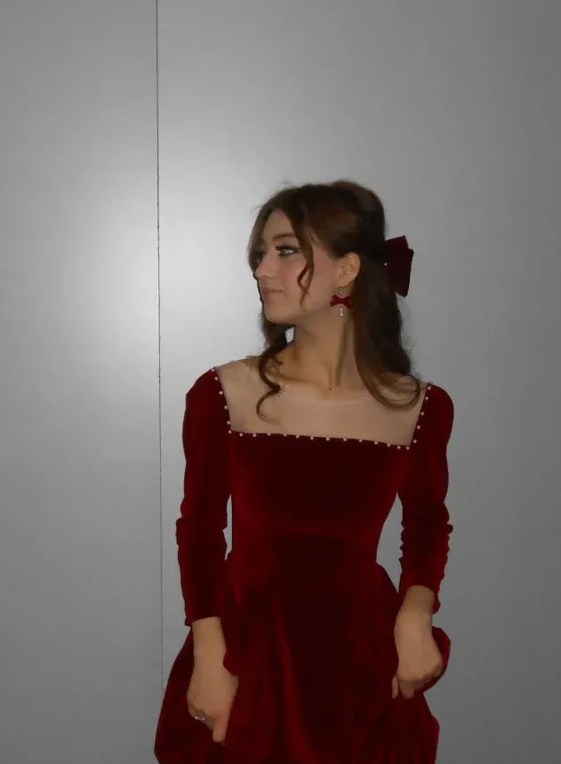 Burgundy Velvet Square Neck Beaded Long Sleeve Maxi Dress – Prom Evening Gown