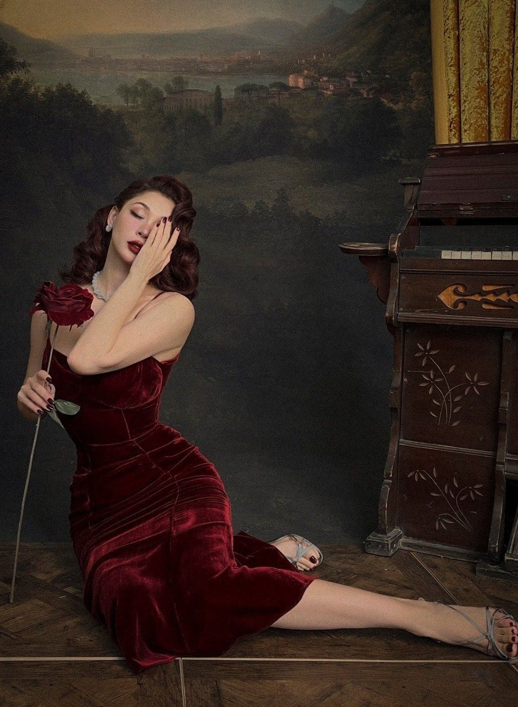 Burgundy Velvet Strapless Sweetheart Mermaid Midi Dress