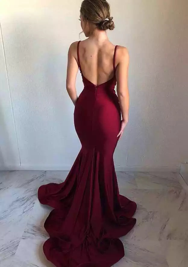 Burgundy & Emerald Green Spaghetti-Strap Mermaid Gowns – Luxe & Coordinated Evening Party Dresses