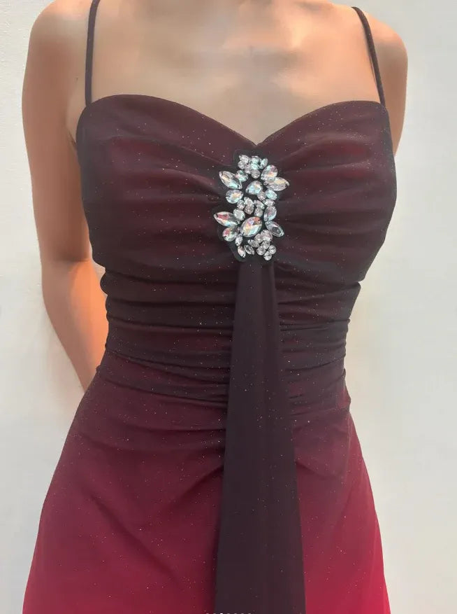 Burgundy to Red Ombre Spaghetti Strap Sweetheart Maxi Gown with Slit