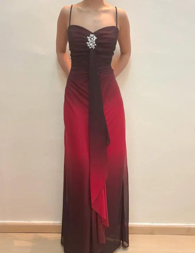 Burgundy to Red Ombre Spaghetti Strap Sweetheart Maxi Gown with Slit