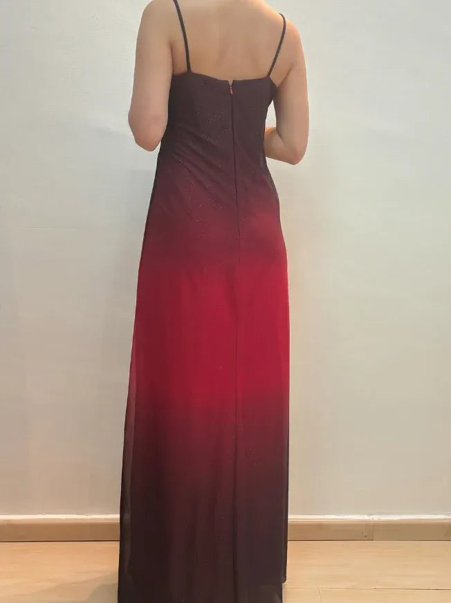 Burgundy to Red Ombre Spaghetti Strap Sweetheart Maxi Gown with Slit