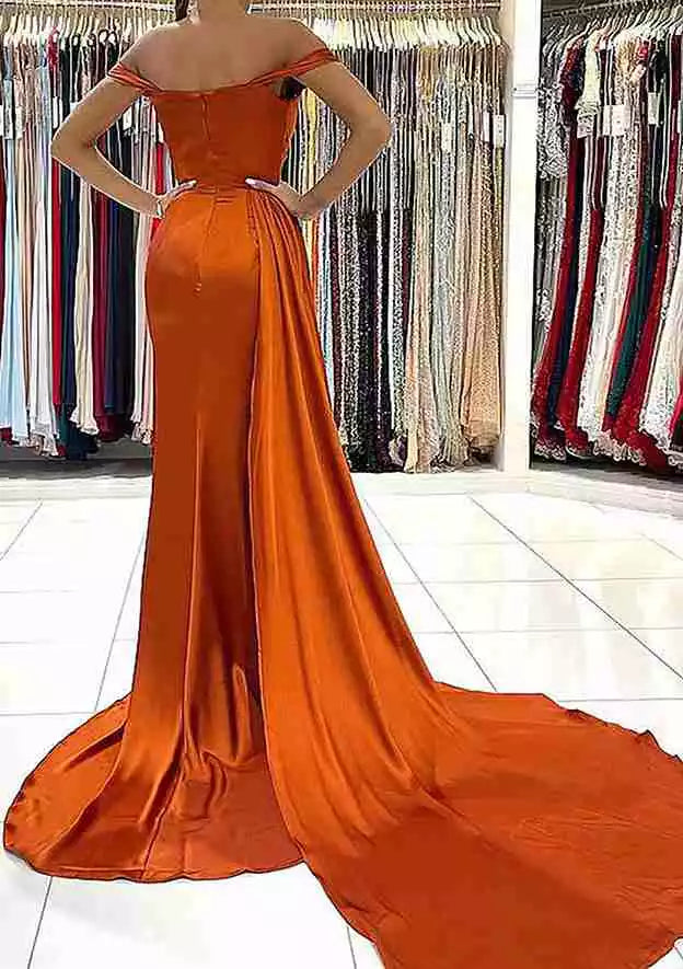 Burnt Orange Satin Off-Shoulder Mermaid Gown – Warm & Luxurious Evening Party Dress