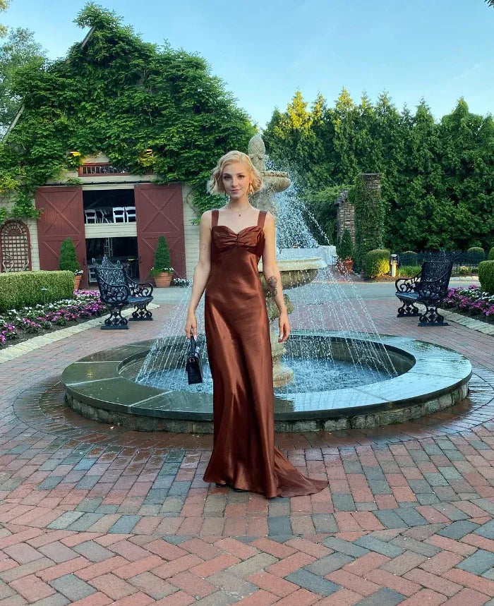 Burnt Orange Satin Sweetheart Neck Open Back Ruched A-Line Maxi Dress