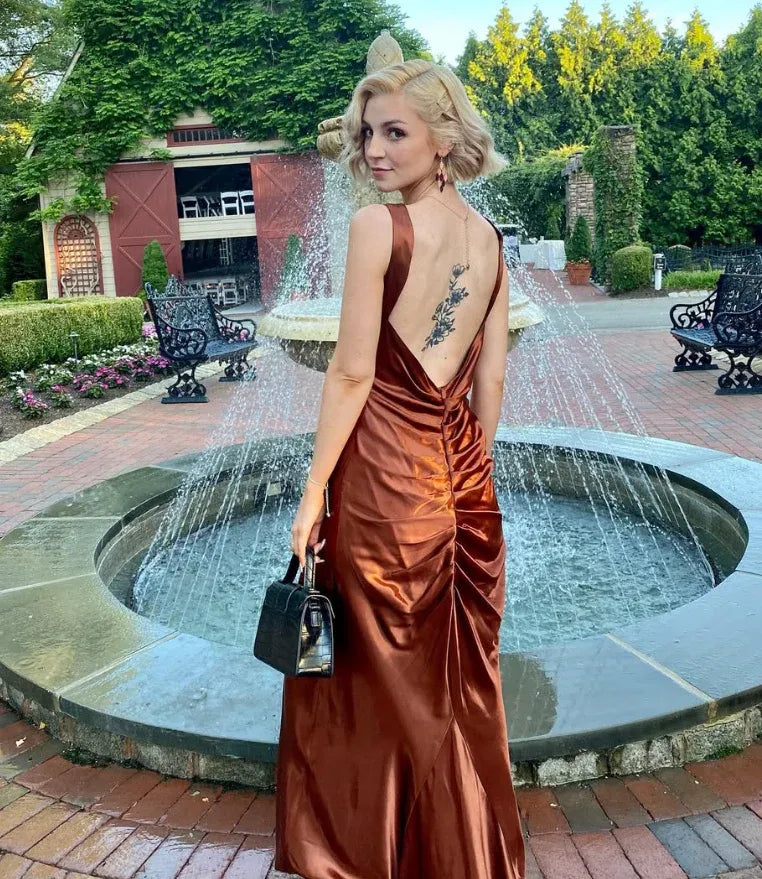 Burnt Orange Satin Sweetheart Neck Open Back Ruched A-Line Maxi Dress