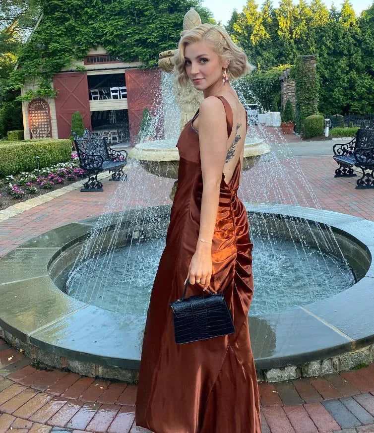 Burnt Orange Satin Sweetheart Neck Open Back Ruched A-Line Maxi Dress
