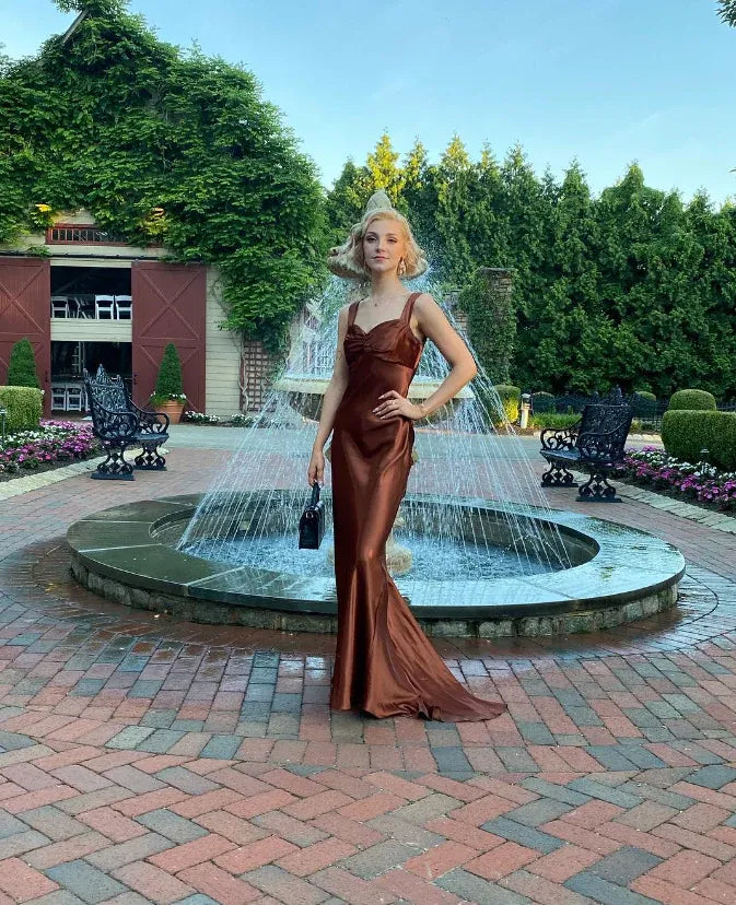 Burnt Orange Satin Sweetheart Neck Open Back Ruched A-Line Maxi Dress