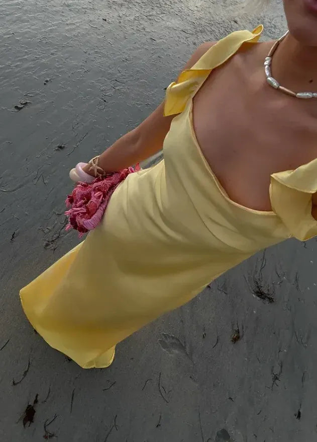 Butter Yellow Satin Maxi Dress – Ruffle Strap Backless Beach Gown