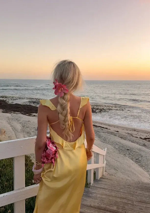 Butter Yellow Satin Maxi Dress – Ruffle Strap Backless Beach Gown