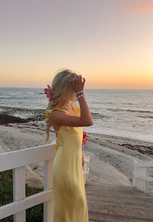 Butter Yellow Satin Maxi Dress – Ruffle Strap Backless Beach Gown