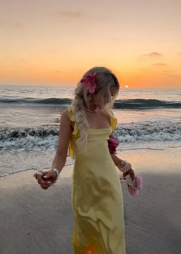 Butter Yellow Satin Maxi Dress – Ruffle Strap Backless Beach Gown