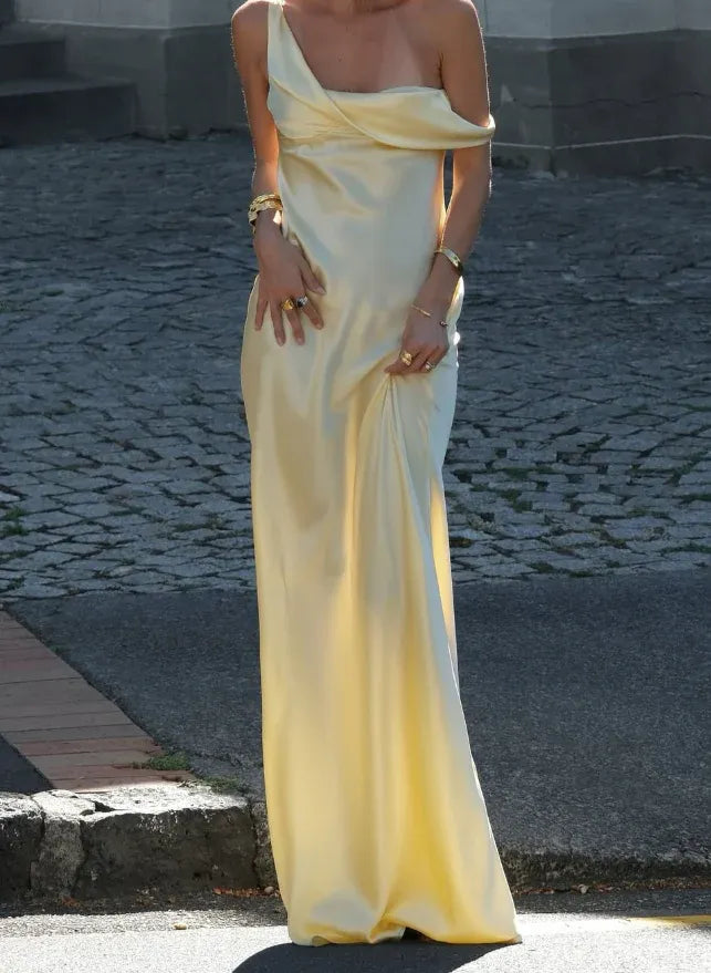 Butter Yellow Satin One-Shoulder Draped Maxi Dress