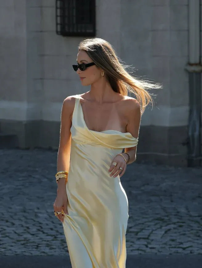 Butter Yellow Satin One-Shoulder Draped Maxi Dress