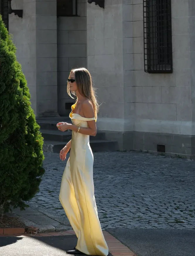 Butter Yellow Satin One-Shoulder Draped Maxi Dress