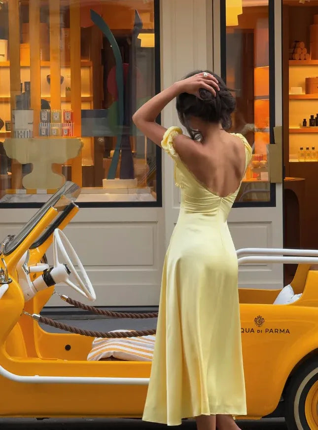 Butter Yellow Satin Puff Sleeve Lace Trim Maxi Dress