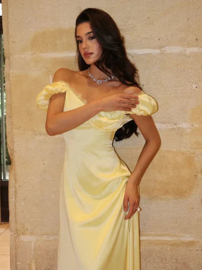 Butter Yellow Satin Puff Sleeve Lace Trim Maxi Dress