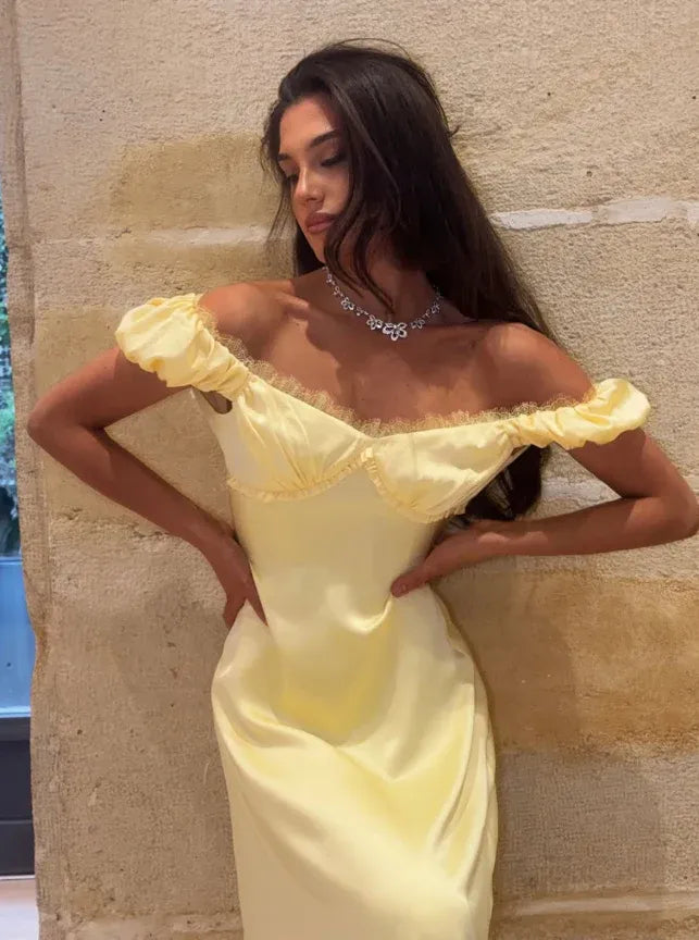 Butter Yellow Satin Puff Sleeve Lace Trim Maxi Dress