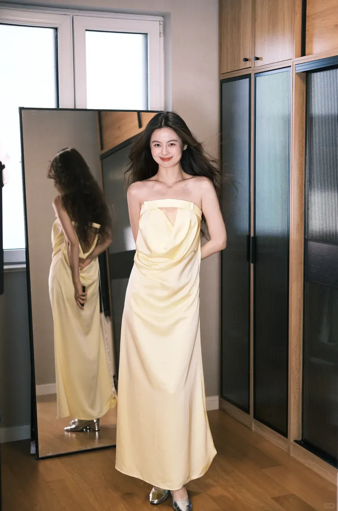 Butter Yellow Satin Strapless Cowl Back Maxi Dress