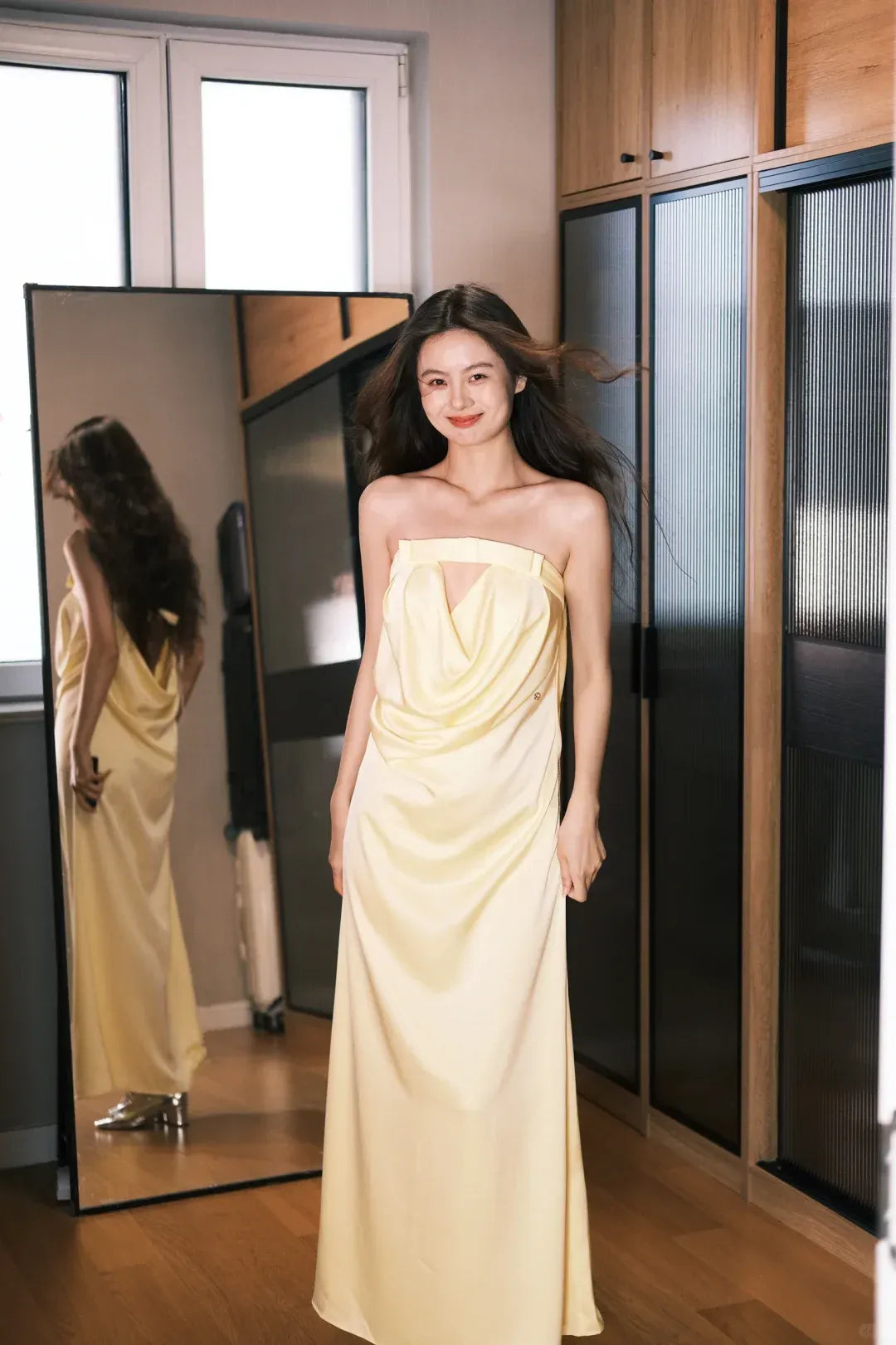 Butter Yellow Satin Strapless Cowl Back Maxi Dress