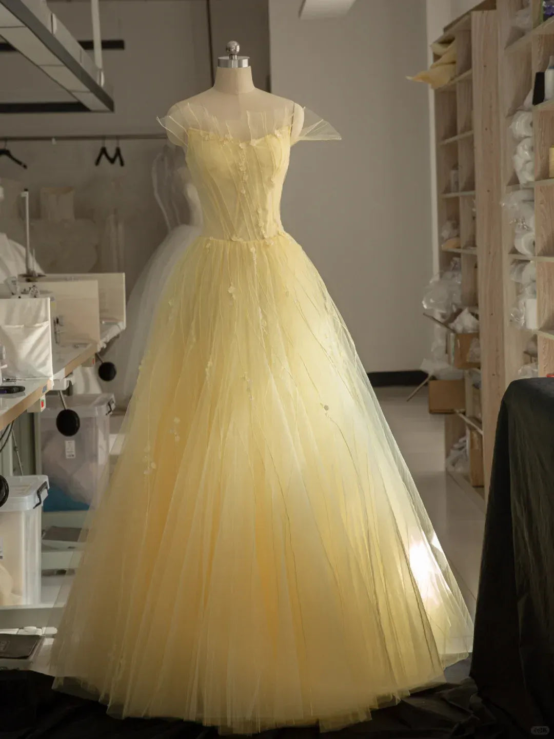 Butter Yellow Tulle Ball Gown – Off-Shoulder Floral Embellished Formal Dress for Prom & Wedding