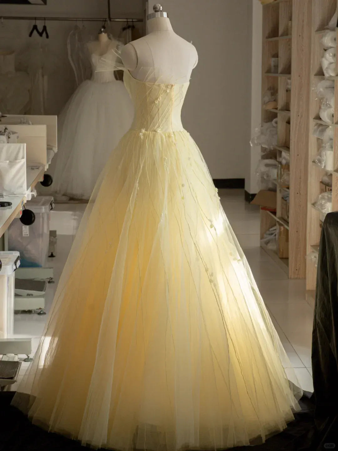 Butter Yellow Tulle Ball Gown – Off-Shoulder Floral Embellished Formal Dress for Prom & Wedding