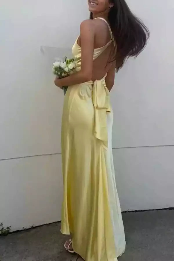 Buttercup Yellow Satin Halter Open-Back Gown – Sleek & Romantic Evening Party Dress