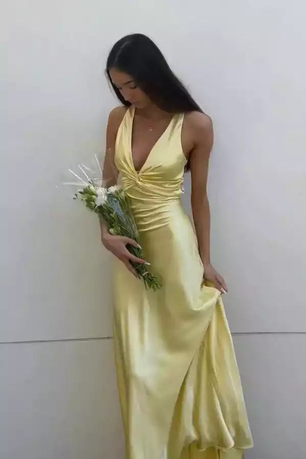 Buttercup Yellow Satin Halter Open-Back Gown – Sleek & Romantic Evening Party Dress