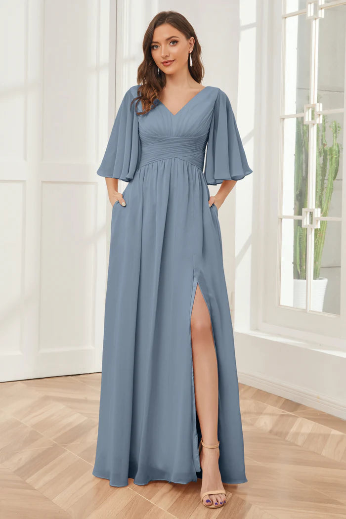 Calm A-Line Deep V-Neck Bell-Sleeve Open-Back Dusty Blue Chiffon Floor-Length Bridesmaid Dresses