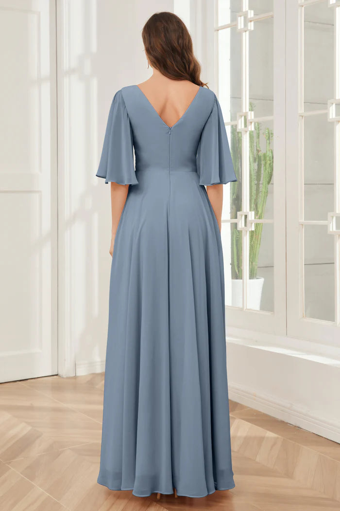 Calm A-Line Deep V-Neck Bell-Sleeve Open-Back Dusty Blue Chiffon Floor-Length Bridesmaid Dresses