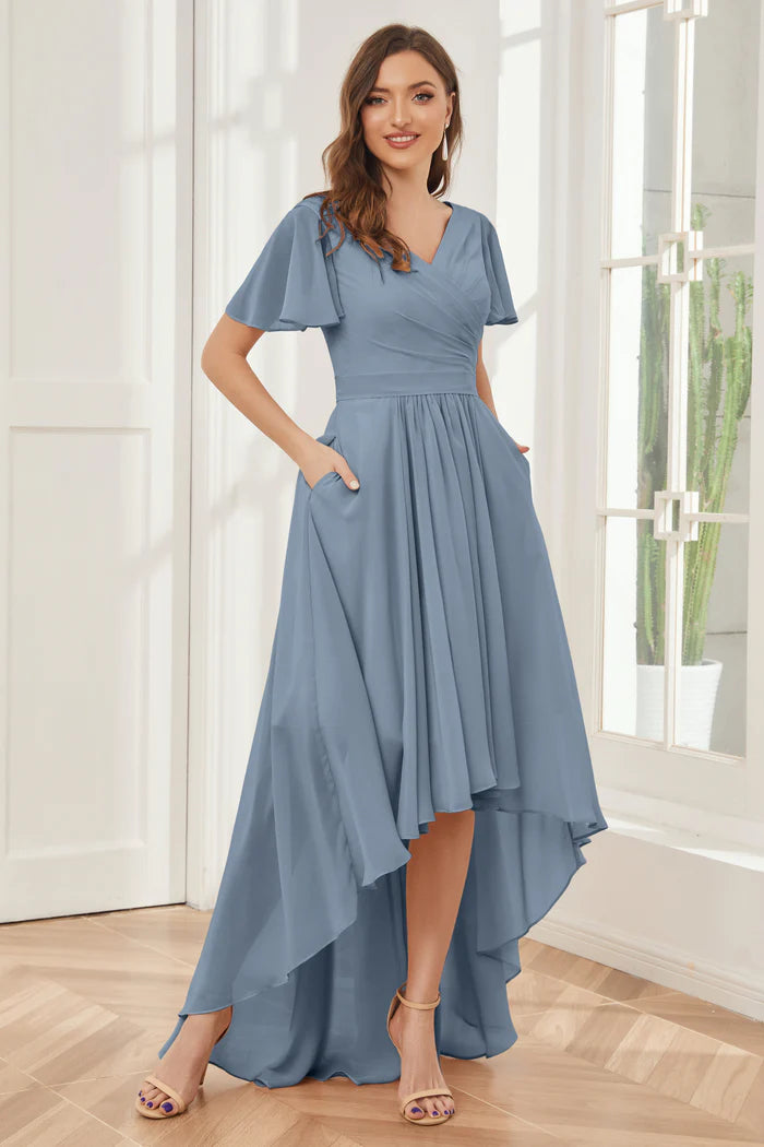 Calm A-Line Deep V-Neck Flutter-Sleeve Open-Back Dusty Blue Chiffon High-Low Bridesmaid Dresses